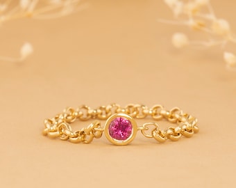 14k Gold Dainty Ruby Ring, Solid Chain Ring, Pointer Ring, Gold Chain Ring, Ruby Ring, Pinky Ring, Bezel Ring, Delicate Ring, Adriana