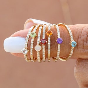 14k Solid Gold Diamond Ring, Birthstone Ring, Aquamarine, Peridot, Amethyst, Opal, Citrine, Garnet, Blue Topaz, Stackable Ring, Angela