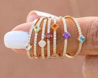 14k Solid Gold Diamond Ring, Birthstone Ring, Aquamarine, Peridot, Amethyst, Opal, Citrine, Garnet, Blue Topaz, Stackable Ring, Angela