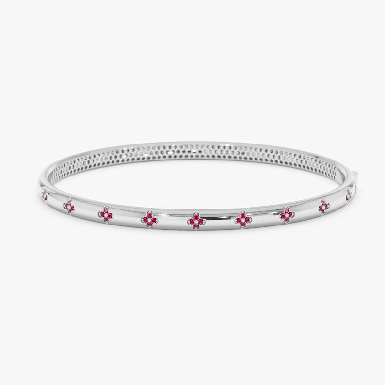 Solid Gold Bangle with Petite Ruby Flowers, Nature-Inspired Fine Jewelry, Raya image 3