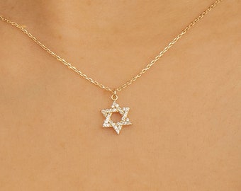14k Star of David Necklace, Small Diamond Necklace, Solid Gold Necklace, Bat Mitzvah Gift, 14k Gold Necklace, Dainty Necklace, Bia