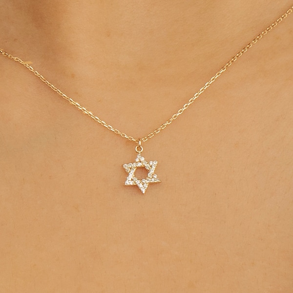 14k Star of David Necklace, Small Diamond Necklace, Solid Gold Necklace, Bat Mitzvah Gift, 14k Gold Necklace, Dainty Necklace, Bia