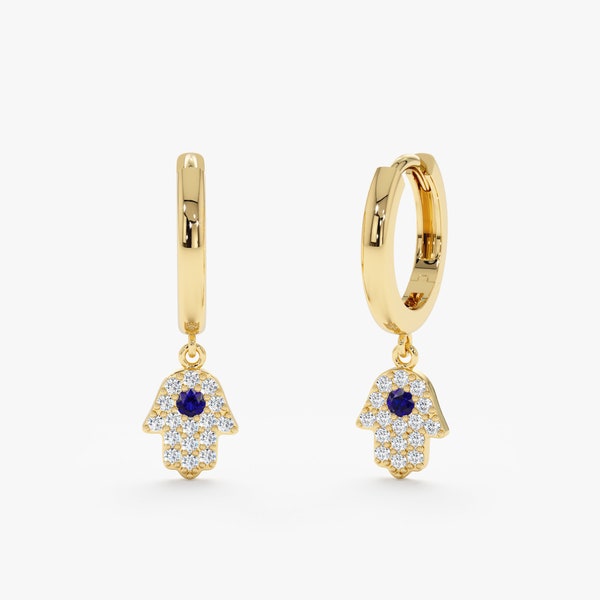 14k Dangly Diamond Hamsa Huggies, Solid Gold Sapphire Earrings, Charm Huggie, Protection Jewelry, Hannukah Gift, Good Luck Earrings, Hannah