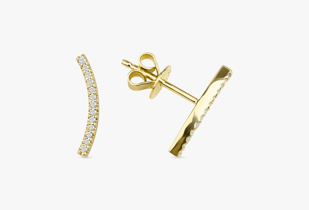 Diamond & 14k Gold Curved Bar Stud Earrings