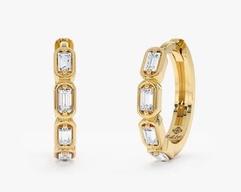 Solid Gold Baguette Diamond Hoop, Handmade Lab Diamond Jewelry, Sose