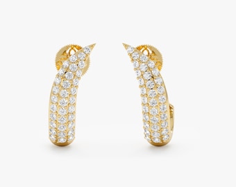 Diamond Curved Hoops, Pave Diamond Modern Earrings, Handmade Solid Gold, Ixtab
