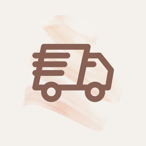 May include: A brown line drawing of a delivery truck with three lines above it, symbolizing speed, on a light brown watercolor background.