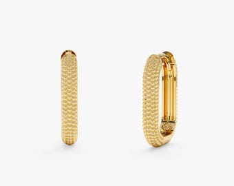 Textured Solid Gold Beaded Hoop Earrings, U-Shape Huggie Style, Everyday Wear, Dzovinar