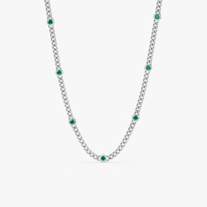 white gold cuban chain station necklace with natural emeralds