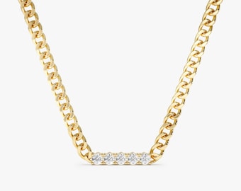 14k Gold Diamond Cuban Chain Necklace, Large Diamond Setting Curb Chain, Statement Necklace, Diamond Choker, Diamond Chain Necklace, Salma