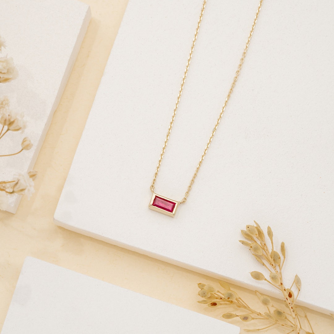 14k Gold Ruby Necklace, Ruby Necklace, Baguette Necklace, Solid Gold ...