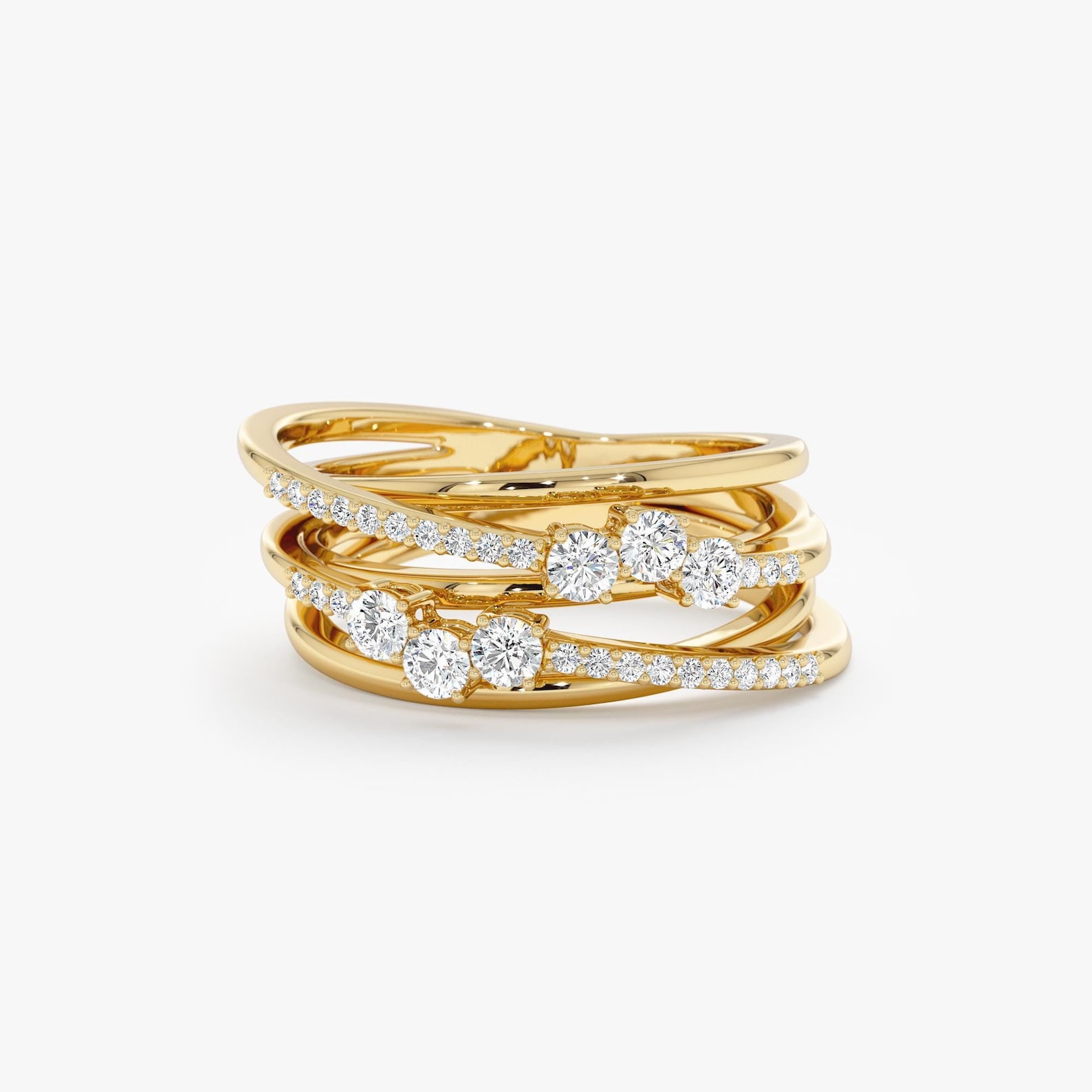 Stacked Diamond Ring, Solid Gold Unique Diamond Ring, Crossed Cluster ...