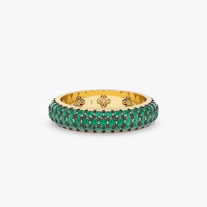 Emerald Paved Dome Ring, Black Gold Prong Set, Natural Emerald, Round Eternity Ring, Minimalist Gemstone Ring, Stacking Ring, Gem