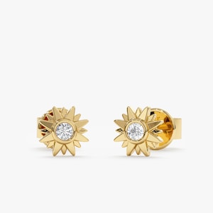 14k Small Diamond Starburst Earrings, Tiny Diamond Sunshine Studs, Sun Earrings, 14k Gold, Starburst Earrings, Yellow, Rose, White, Sidney