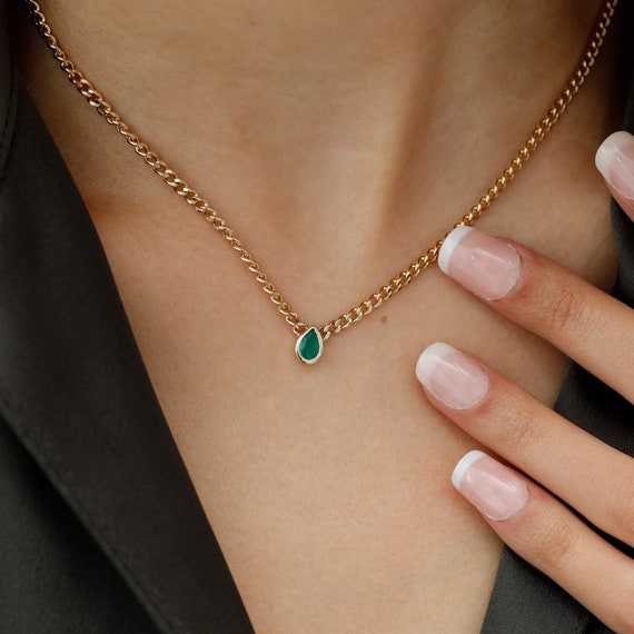 14k Gold Emerald Necklace, Cuban Chain Choker, Trendy Curb