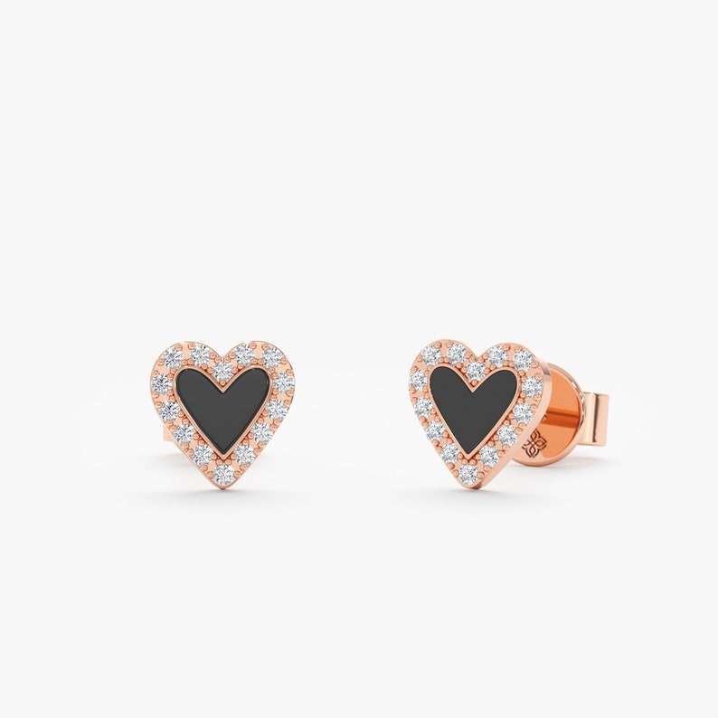 rose gold black enamel diamond halo heart studs