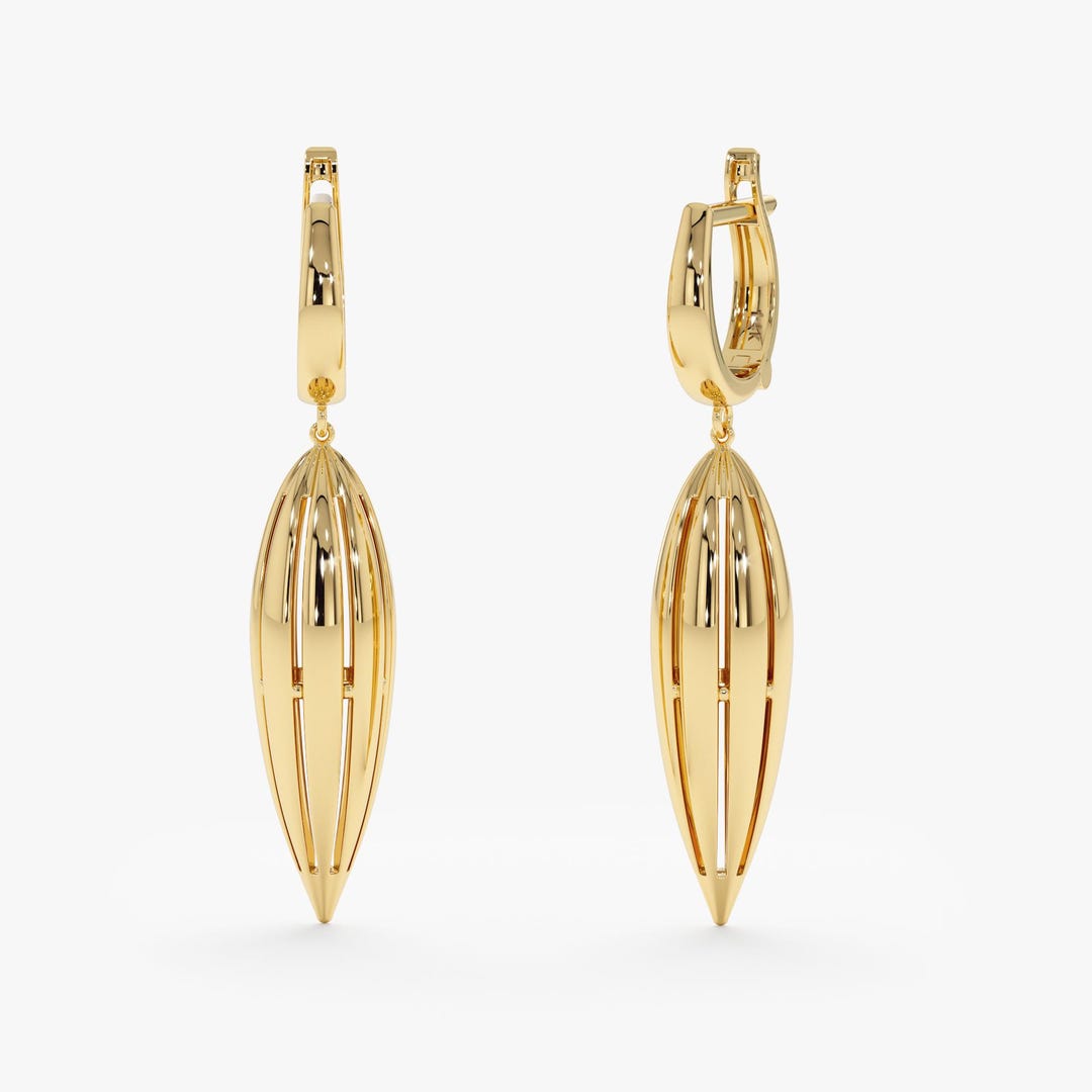 14k Fluted Spike Dangle Earrings, Solid Gold Shell Drop Earrings ...