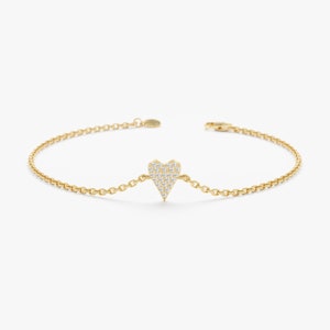 14k Gold Small Diamond Heart Bracelet, Cute Diamond Heart Bracelet, Dainty Diamond Bracelet, Birthday Gift, Minimalist Bracelet, Lily