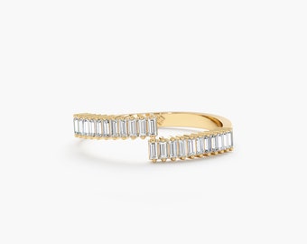 14k Gold Diamond Baguette Ring, Natural Diamond Ring, Crossed Diamonds Ring, 14k Solid Gold, Rose, White, Yellow, Split Diamond Ring, Bella