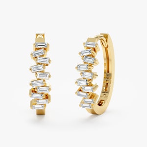 14k Gold Baguette Cluster Diamond Huggies, Diamond Hoops, Diamond Huggie Earrings, Solid Gold Huggies, Dainty Diamond Hoop Earrings, Helena