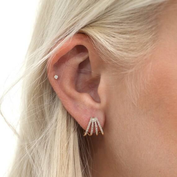 14k Gold Diamond Cage Huggies Solid Gold Huggies Bridal Earrings