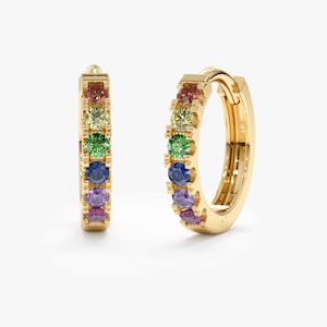 14k Solid Gold Rainbow Sapphire Huggies, Colorful Gemstone Hoops, Huggie Earrings, Sold As A Pair, Natural Sapphire Hoop Earrings, Javiera