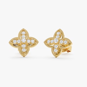 Diamond Flower Stud Earrings, 14k 18k Solid Gold, Natural Diamond Studs, Four-Leaf Clover Motif, Diamond Cluster Studs, Gift for Her,Everlyn