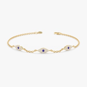 Diamond Evil Eye Bracelet, 14k Solid Gold, Evil Eye Charm, Lucky Bracelet, Protection Bracelet, Small Evil Eye Bracelet, Missandei