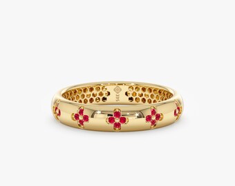 Ruby Flower Ring, Small Clover Gold Stacking Band, Handmade Jewelry, Raya