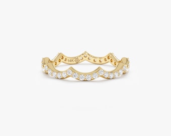 14K Solid Gold Crown Ring, Scalloped Diamond Eternity Ring, Stackable Band, Terken
