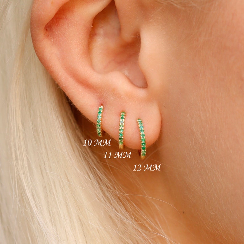 14k Emerald Huggies, Gold Huggies, Solid Gold Mini Hoops, Small Emerald Gold Huggie Earrings, Sold as A Pair, Small Hoop Earrings, Esmeralda image 6