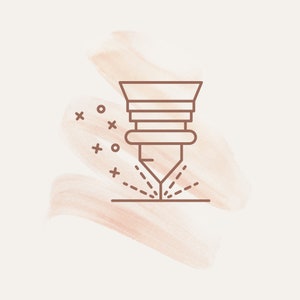 May include: A line drawing of a laser cutter with a brown outline. The laser cutter is cutting a line on a surface. The laser cutter is surrounded by a watercolor-like background.