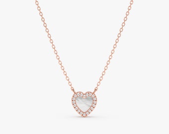 ★PEARLY MORE★ Small Heart Daily Surgical Necklace Mother of Pearl Heart Necklace, Diamond Heart Necklace