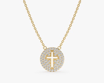 14k Gold Diamond Cross Necklace, Solid Gold Necklace, Cut out Cross on a Small Diamond Disc, Gold Cross Charm, Micro Pave Diamond, Magdalen