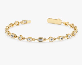 Mixed Shape Lab Grown Diamond Bracelet, Solid Gold Bezel Set Bracelet, Diamond Tennis Bracelet, Unique Eternity Anniversary Gift, Thiora