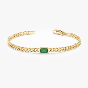 Emerald Bracelet, 14k Gold Cuban Chain, Bezel Set Octagon Cut Natural Emerald, Minimalistic, Every Day Wear, Fine Fashion Jewelry, Chandler