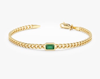 Emerald Bracelet, 14k Gold Cuban Chain, Bezel Set Octagon Cut Natural Emerald, Minimalistic, Every Day Wear, Fine Fashion Jewelry, Chandler