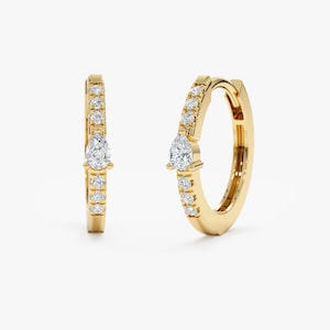 14k Solid Gold Diamond Huggies, Pear Diamond Hoops, 18k Small Diamond Gold Huggie Earrings, Sold As A Pair, Chique Small Hoop Earrings, Jara