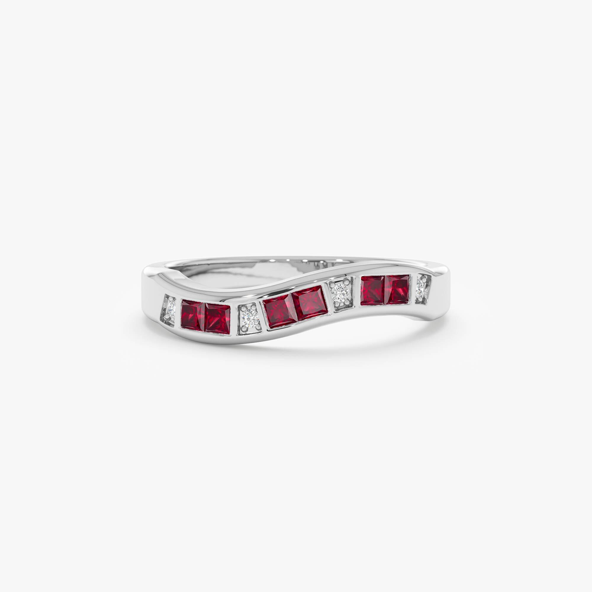handmade ruby stone stacking ring delicate... Wavy Ruby Stacking Ring, 10k 14k 18k Solid Gold, Princess-cut Rubies ...