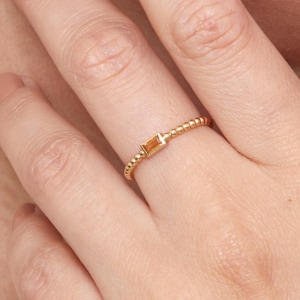 Dainty Citrine Ring, 14k or 18k Gold Citrine Ring, Baguette-Cut Citrine, Beaded Stacking Ring, Textured Band, November Birthstone, Remi