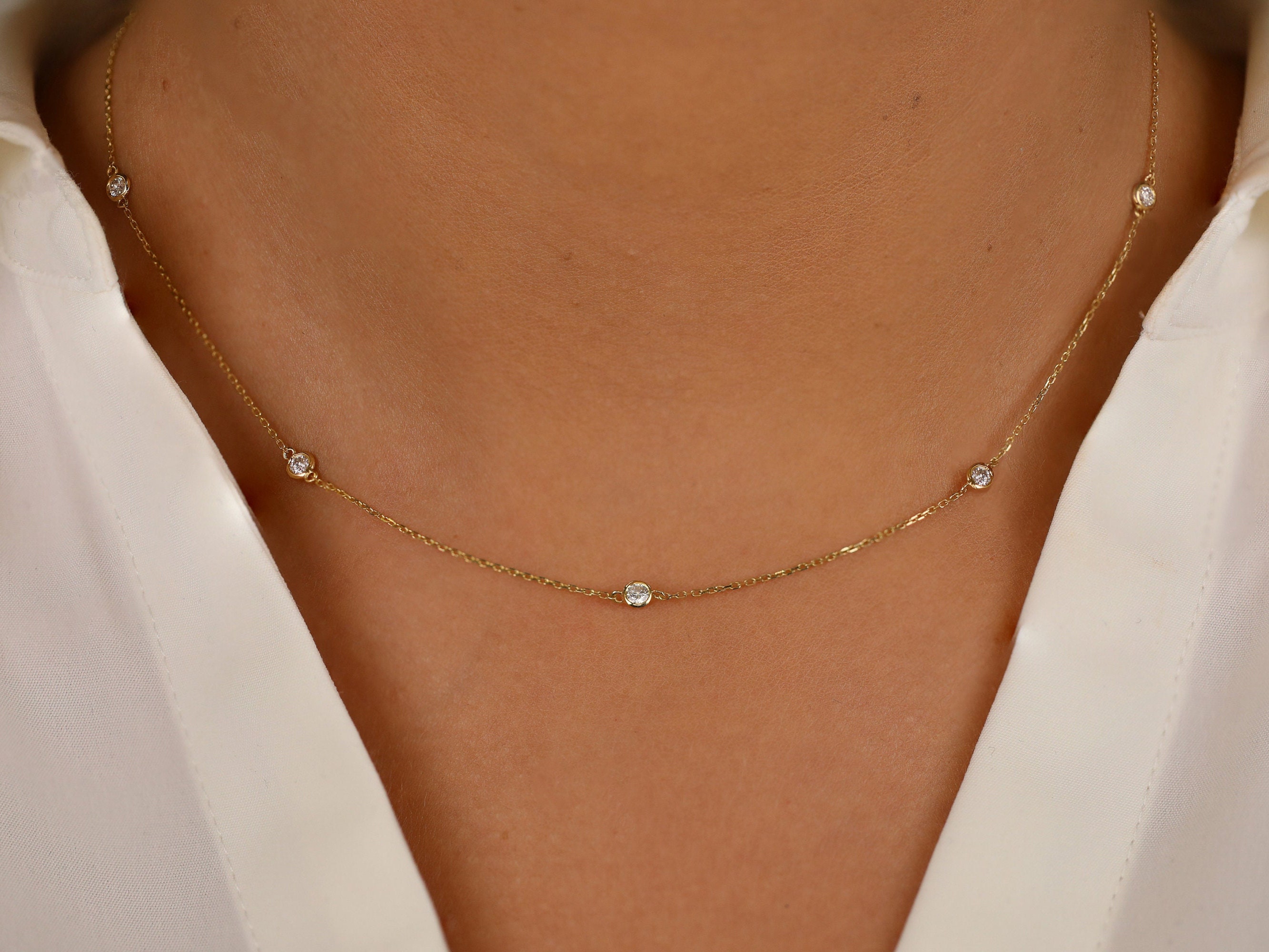 14k Gold Dainty Multi Diamond Necklace, Diamond by the Yard, Choker Necklace, Everyday Wear, Bridal Layering Set, Elegant and Classy, Tanya