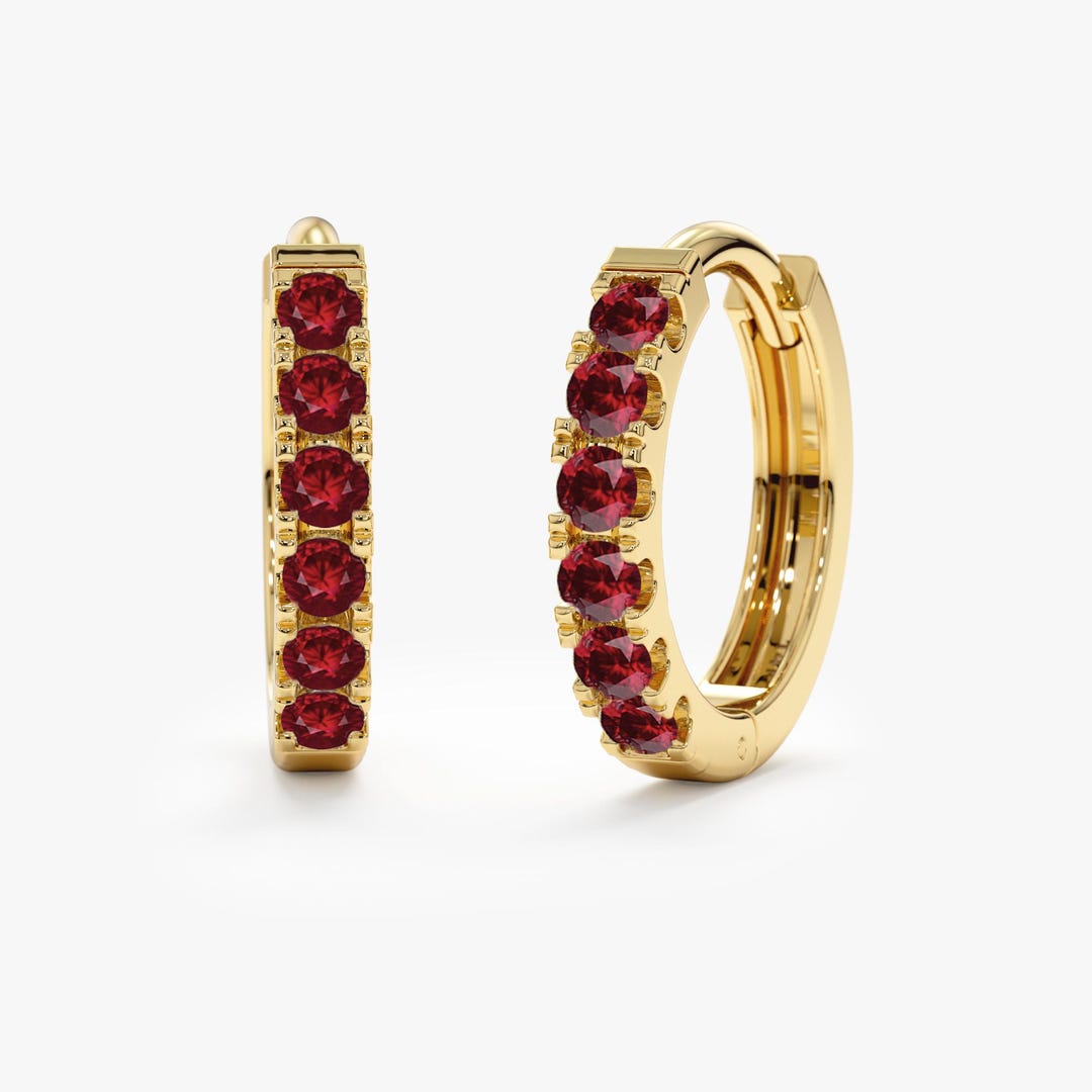 Natural Ruby Hoop Earrings, 14k Solid Gold Gemstone Earrings, Everyday ...