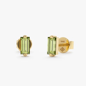 14k Peridot Earrings, Baguette Stud, Natural Gemstone and Solid Gold, Green Stone Push Back Earrings, August Birthstone, Cute Gift, Lupita