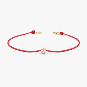Solitaire Diamond Thread Bracelet, 14k Gold Bezel, Natural Diamond Charm, Red or Black String, Minimalist Jewelry, Gift for Her, Lennox