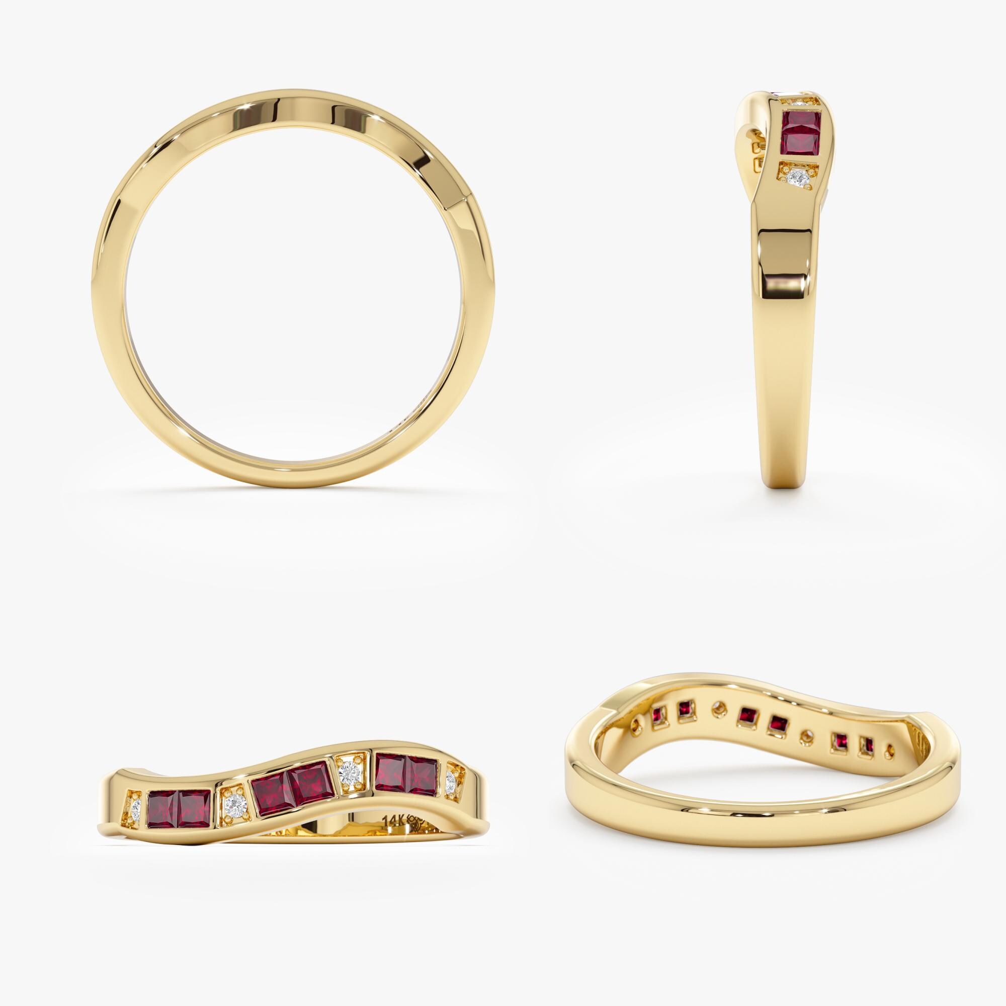 handmade ruby stone stacking ring delicate... Wavy Ruby Stacking Ring, 10k 14k 18k Solid Gold, Princess-cut Rubies ...