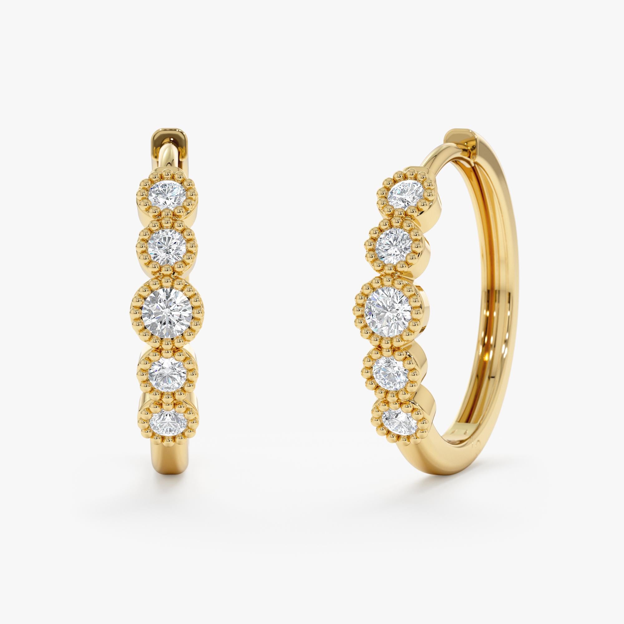 Solid Gold Huggies, Diamond Small Hoops, Dainty 14k Gold Mini Flower Earrings, Diamond Hoops, Milgrain Setting, White, Rose, Yellow, Shirley
