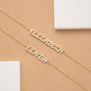 Dainty Diamond Name Bracelet, Sparkly Gold Bracelet, Cursive or Block Initial, Solid Gold Chain, 14k Solid Rose, Yellow, White Gold, Shonda