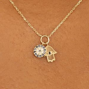 14k Gold Diamond Hamsa and Evil Eye Necklace, Evil Eye Necklace, Hamsa Necklace, Charm Necklace, Diamond Choker, Natural Diamonds, Esme