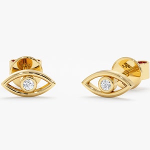 Mini Diamond Evil Eye Earrings, Small Lucky Eye Earrings, Solid Gold Stud, Natural Diamond, White, Yellow, Rose Gold, Gift for Her, Elena