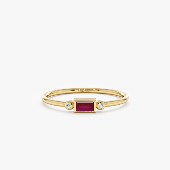 Ruby Baguette Diamond Bezel Ring, Dainty Diamond Ring, Ruby and Diamonds,  Dainty Stackable Ruby Ring, Small Ruby Engagement Ring, Amelia
